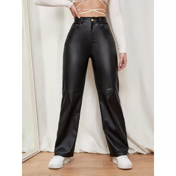 WDIRARA Women's Slant Pocket Straight Leg High Stretch Jeans Leather Look Long Pants