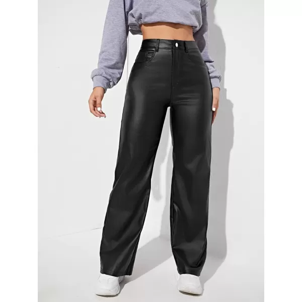 WDIRARA Women's Slant Pocket Straight Leg High Stretch Jeans Leather Look Long Pants