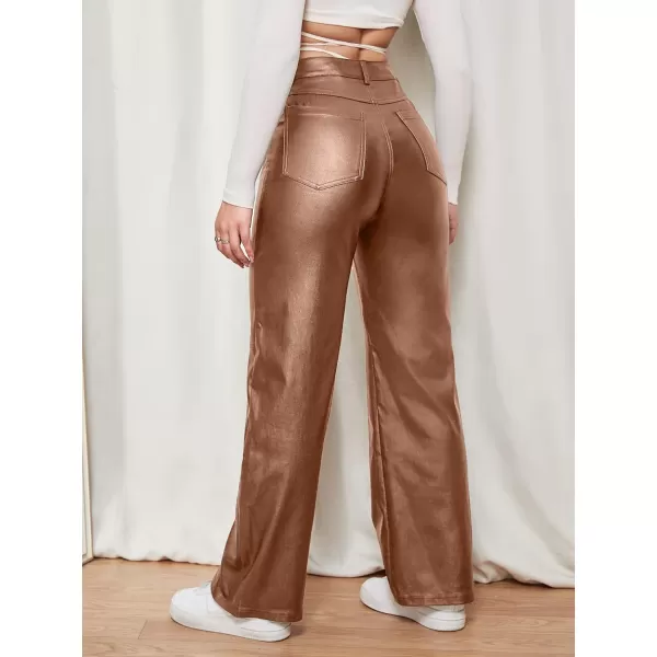 WDIRARA Women's Slant Pocket Straight Leg High Stretch Jeans Leather Look Long Pants
