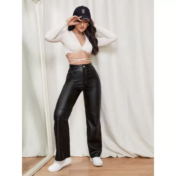 WDIRARA Women's Slant Pocket Straight Leg High Stretch Jeans Leather Look Long Pants