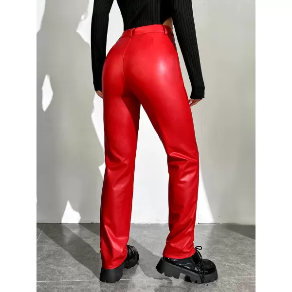 WDIRARA Women's Slant Pocket Straight Leg High Stretch Jeans Leather Look Long Pants
