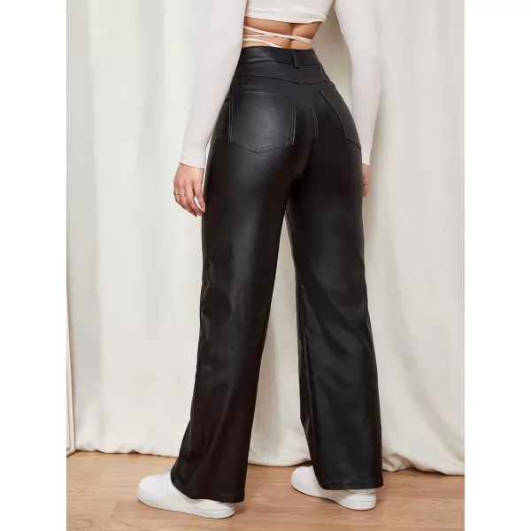 WDIRARA Women's Slant Pocket Straight Leg High Stretch Jeans Leather Look Long Pants