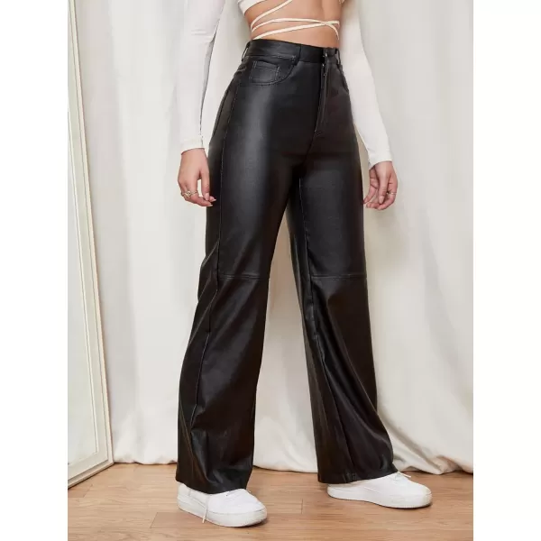 WDIRARA Women's Slant Pocket Straight Leg High Stretch Jeans Leather Look Long Pants
