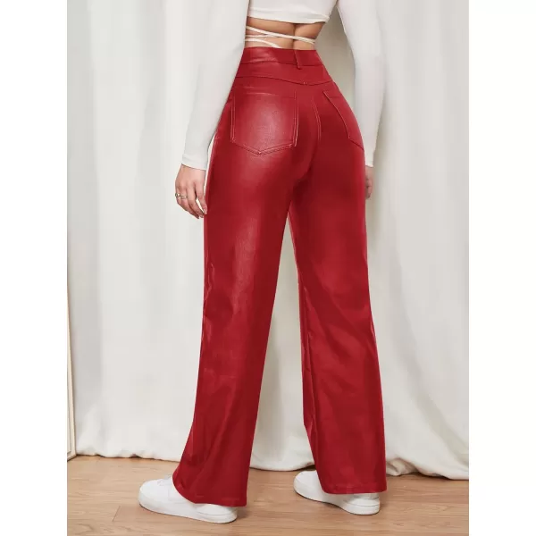 WDIRARA Women's Slant Pocket Straight Leg High Stretch Jeans Leather Look Long Pants