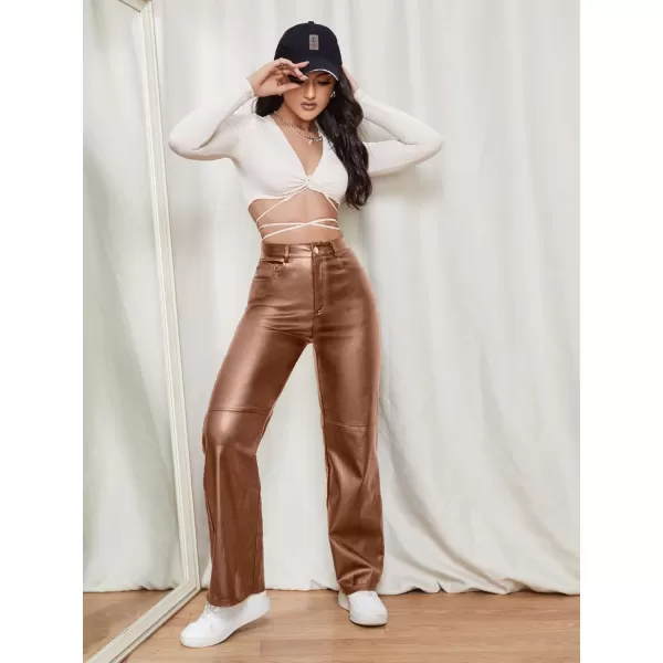 WDIRARA Women's Slant Pocket Straight Leg High Stretch Jeans Leather Look Long Pants