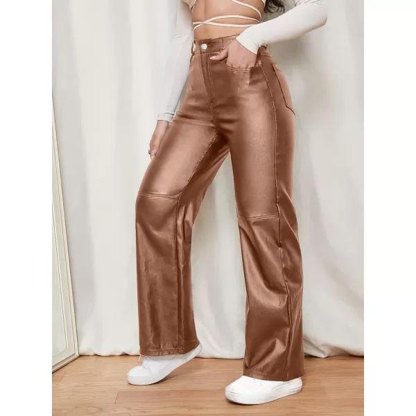 WDIRARA Women's Slant Pocket Straight Leg High Stretch Jeans Leather Look Long Pants