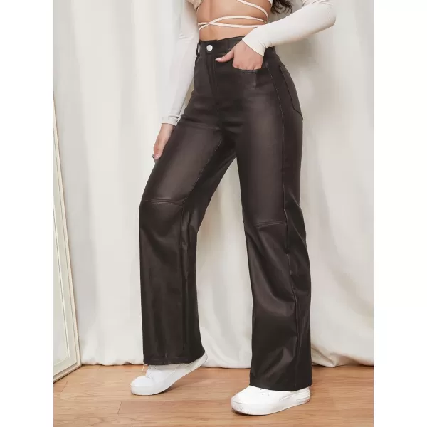 WDIRARA Women's Slant Pocket Straight Leg High Stretch Jeans Leather Look Long Pants