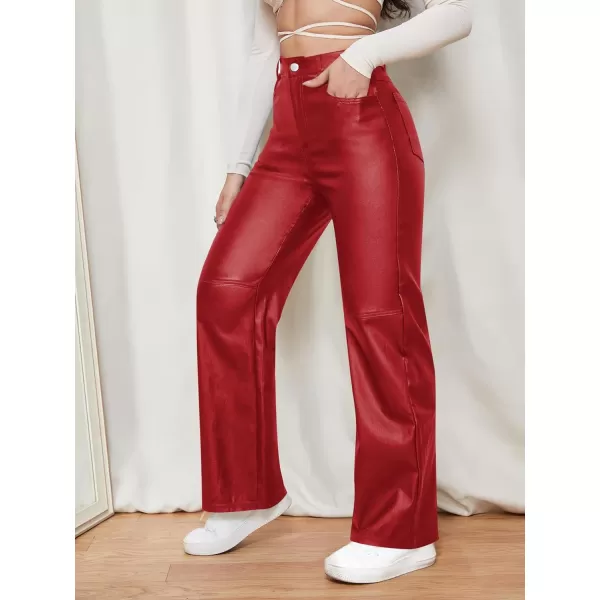 WDIRARA Women's Slant Pocket Straight Leg High Stretch Jeans Leather Look Long Pants