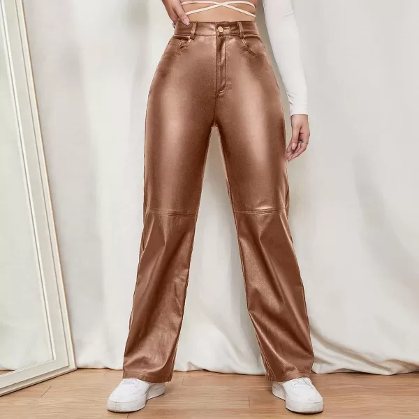 WDIRARA Women's Slant Pocket Straight Leg High Stretch Jeans Leather Look Long Pants