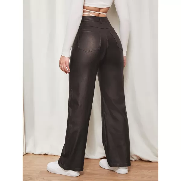 WDIRARA Women's Slant Pocket Straight Leg High Stretch Jeans Leather Look Long Pants