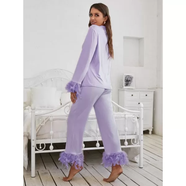 WDIRARA Women's Sleepwear 2 Piece Fuzzy Trim Button Down Long Sleeve and Pants Pj Set