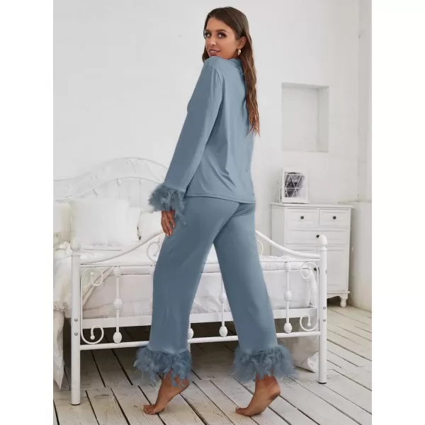 WDIRARA Women's Sleepwear 2 Piece Fuzzy Trim Button Down Long Sleeve and Pants Pj Set