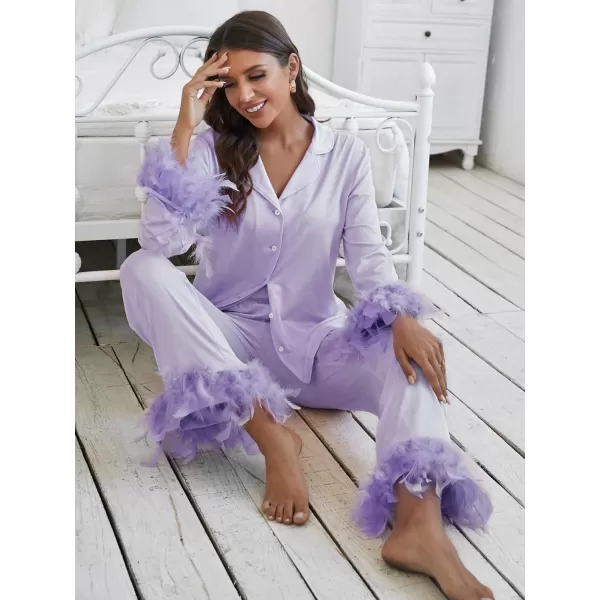 WDIRARA Women's Sleepwear 2 Piece Fuzzy Trim Button Down Long Sleeve and Pants Pj Set