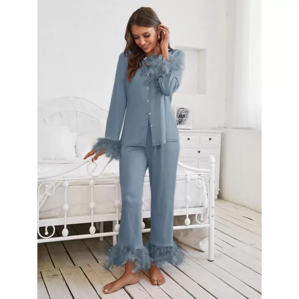 WDIRARA Women's Sleepwear 2 Piece Fuzzy Trim Button Down Long Sleeve and Pants Pj Set