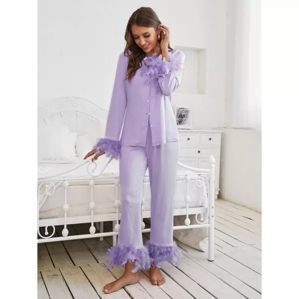 WDIRARA Women's Sleepwear 2 Piece Fuzzy Trim Button Down Long Sleeve and Pants Pj Set