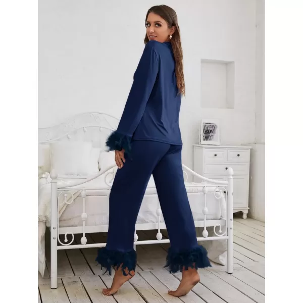 WDIRARA Women's Sleepwear 2 Piece Fuzzy Trim Button Down Long Sleeve and Pants Pj Set