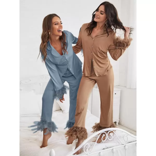 WDIRARA Women's Sleepwear 2 Piece Fuzzy Trim Button Down Long Sleeve and Pants Pj Set