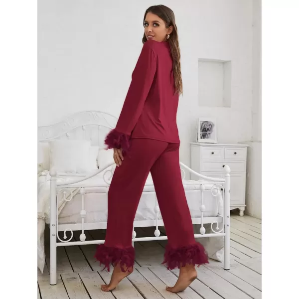 WDIRARA Women's Sleepwear 2 Piece Fuzzy Trim Button Down Long Sleeve and Pants Pj Set