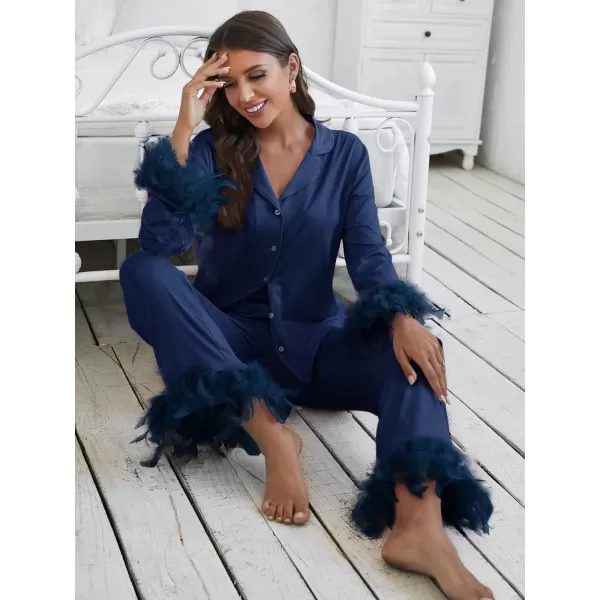 WDIRARA Women's Sleepwear 2 Piece Fuzzy Trim Button Down Long Sleeve and Pants Pj Set