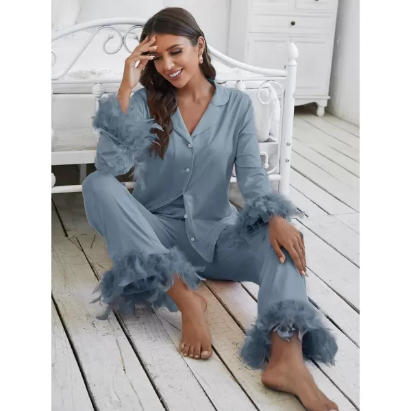 WDIRARA Women's Sleepwear 2 Piece Fuzzy Trim Button Down Long Sleeve and Pants Pj Set