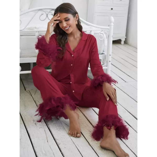 WDIRARA Women's Sleepwear 2 Piece Fuzzy Trim Button Down Long Sleeve and Pants Pj Set