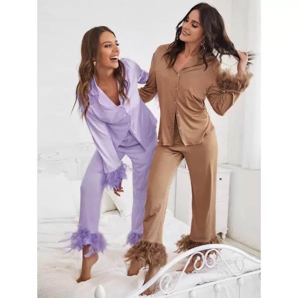 WDIRARA Women's Sleepwear 2 Piece Fuzzy Trim Button Down Long Sleeve and Pants Pj Set