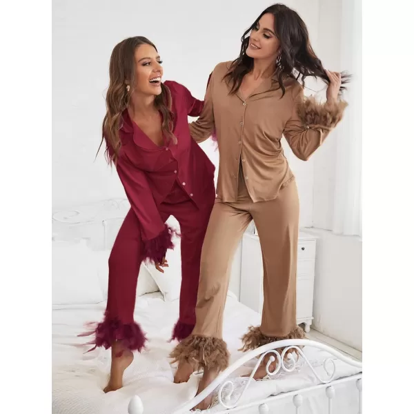 WDIRARA Women's Sleepwear 2 Piece Fuzzy Trim Button Down Long Sleeve and Pants Pj Set