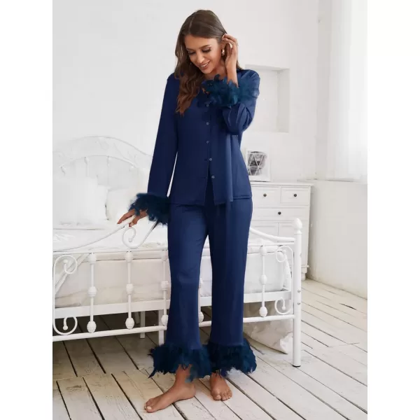 WDIRARA Women's Sleepwear 2 Piece Fuzzy Trim Button Down Long Sleeve and Pants Pj Set