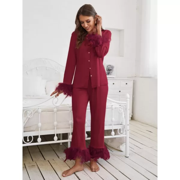 WDIRARA Women's Sleepwear 2 Piece Fuzzy Trim Button Down Long Sleeve and Pants Pj Set