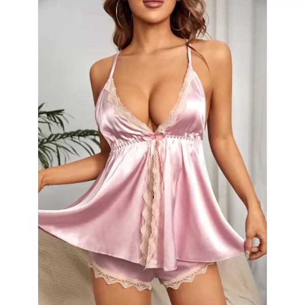 WDIRARA Women's Sleepwear 2 Piece Lace Trim Criss Cross Backless Cami Top and Shorts Satin Pj Set