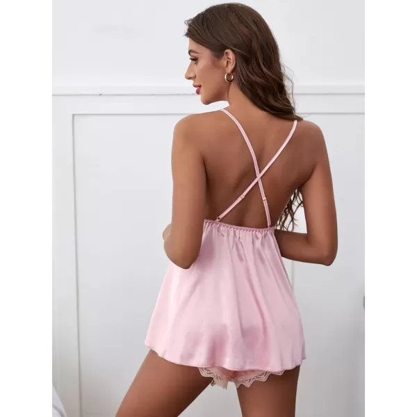 WDIRARA Women's Sleepwear 2 Piece Lace Trim Criss Cross Backless Cami Top and Shorts Satin Pj Set