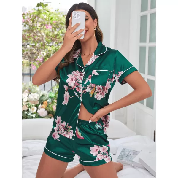 WDIRARA Women's Sleepwear 2 Piece Satin Floral Print Short Sleeve Shirt and Shorts Silk Pajama Set