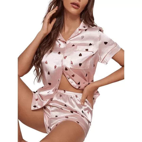 WDIRARA Women's Sleepwear 2 Piece Satin Floral Print Short Sleeve Shirt and Shorts Silk Pajama Set