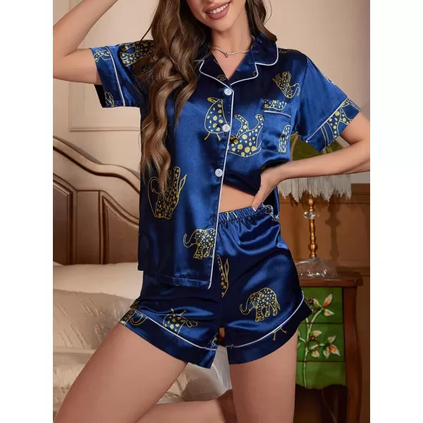 WDIRARA Women's Sleepwear 2 Piece Satin Floral Print Short Sleeve Shirt and Shorts Silk Pajama Set