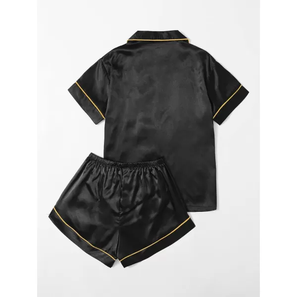 WDIRARA Women's Sleepwear 2 Piece Satin Floral Print Short Sleeve Shirt and Shorts Silk Pajama Set