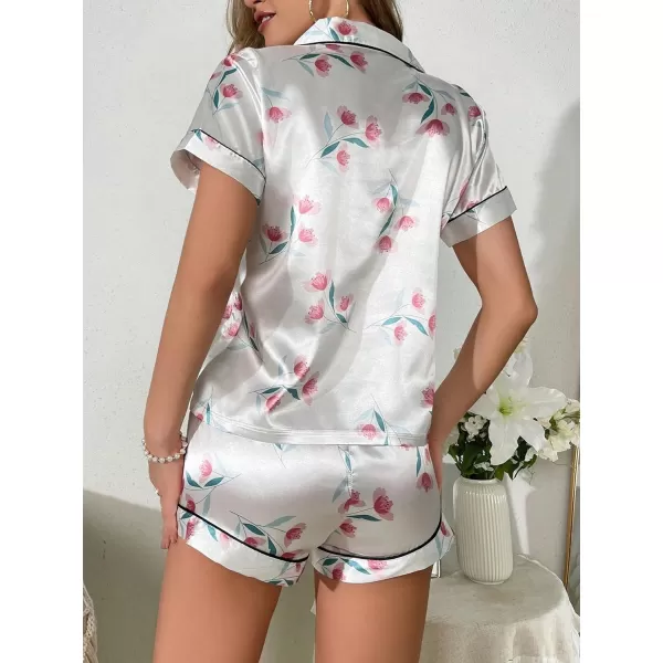 WDIRARA Women's Sleepwear 2 Piece Satin Floral Print Short Sleeve Shirt and Shorts Silk Pajama Set