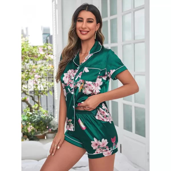 WDIRARA Women's Sleepwear 2 Piece Satin Floral Print Short Sleeve Shirt and Shorts Silk Pajama Set
