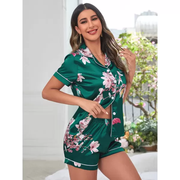 WDIRARA Women's Sleepwear 2 Piece Satin Floral Print Short Sleeve Shirt and Shorts Silk Pajama Set