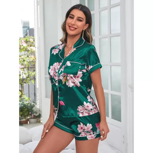 WDIRARA Women's Sleepwear 2 Piece Satin Floral Print Short Sleeve Shirt and Shorts Silk Pajama Set