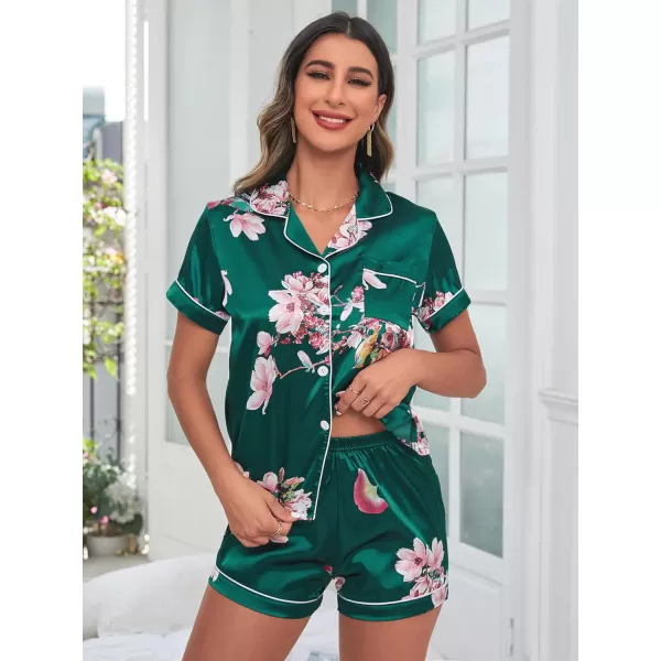 WDIRARA Women's Sleepwear 2 Piece Satin Floral Print Short Sleeve Shirt and Shorts Silk Pajama Set