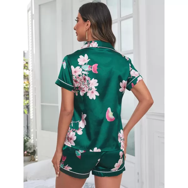 WDIRARA Women's Sleepwear 2 Piece Satin Floral Print Short Sleeve Shirt and Shorts Silk Pajama Set