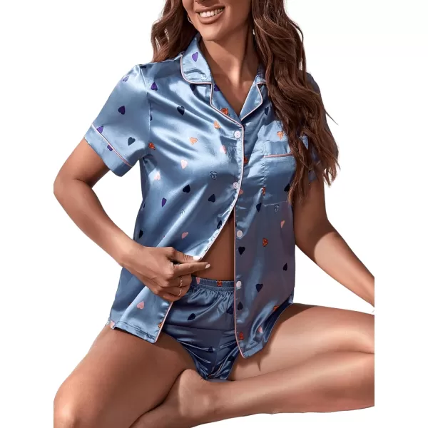 WDIRARA Women's Sleepwear 2 Piece Satin Floral Print Short Sleeve Shirt and Shorts Silk Pajama Set