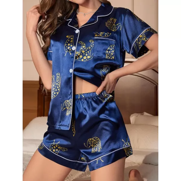 WDIRARA Women's Sleepwear 2 Piece Satin Floral Print Short Sleeve Shirt and Shorts Silk Pajama Set