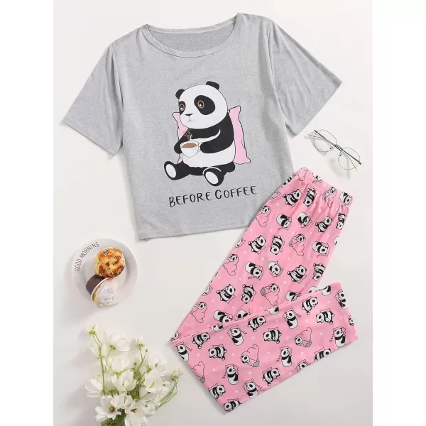 WDIRARA Women's Sleepwear Closed Eyes Print Casual Tee and Pants Pajama Set