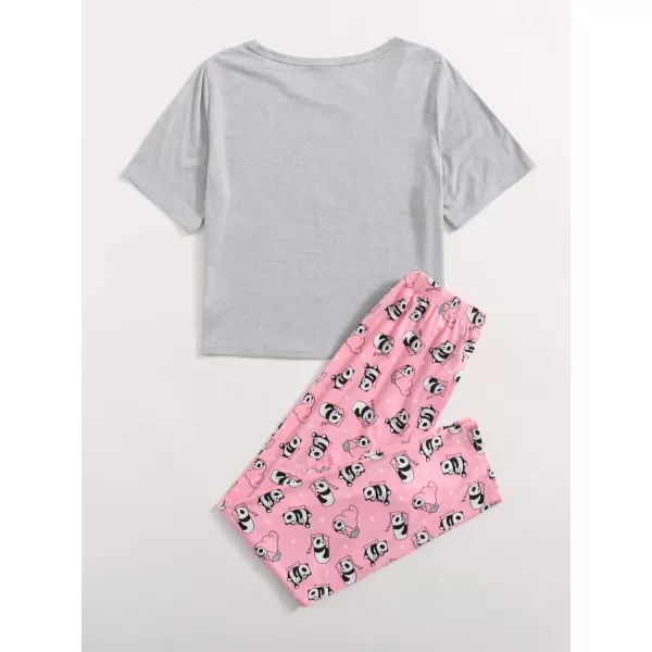 WDIRARA Women's Sleepwear Closed Eyes Print Casual Tee and Pants Pajama Set