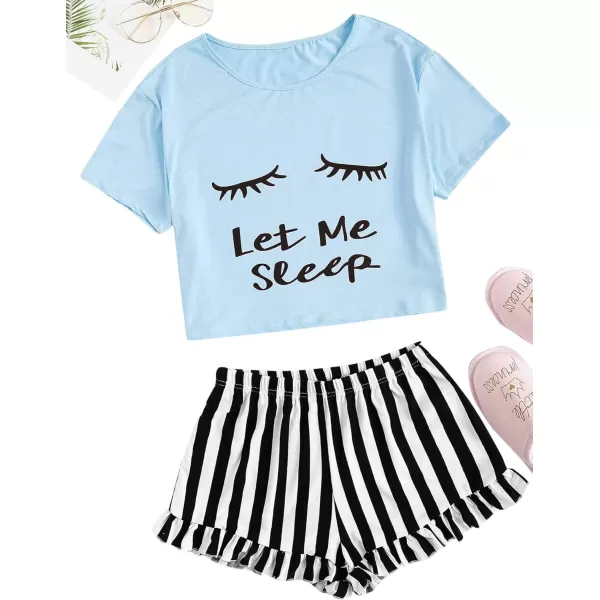 WDIRARA Women's Sleepwear Closed Eyes Print Tee and Shorts Cute Pajama Set