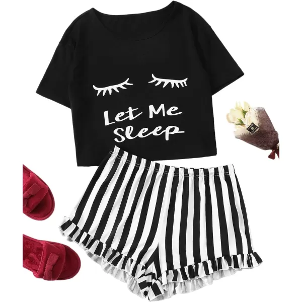 WDIRARA Women's Sleepwear Closed Eyes Print Tee and Shorts Cute Pajama Set