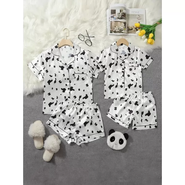 WDIRARA Women's Sleepwear Cow Print Satin Short Sleeve Shirt and Shorts Pajama Set