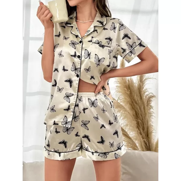 WDIRARA Women's Sleepwear Cow Print Satin Short Sleeve Shirt and Shorts Pajama Set