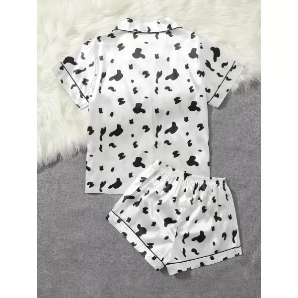 WDIRARA Women's Sleepwear Cow Print Satin Short Sleeve Shirt and Shorts Pajama Set